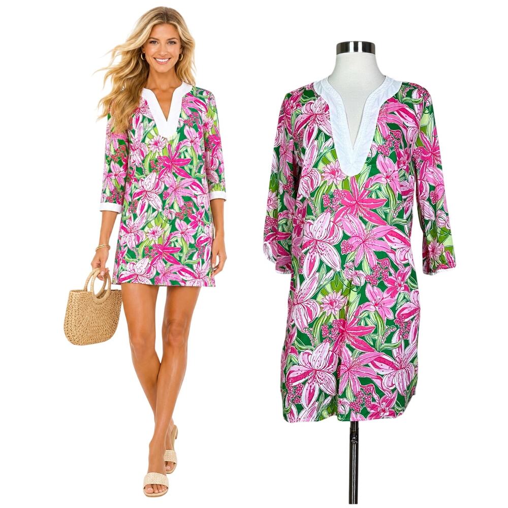 Lilly Pulitzer | Stargazer Floral Pink Green Cotton Shift Tunic Dress Small S
